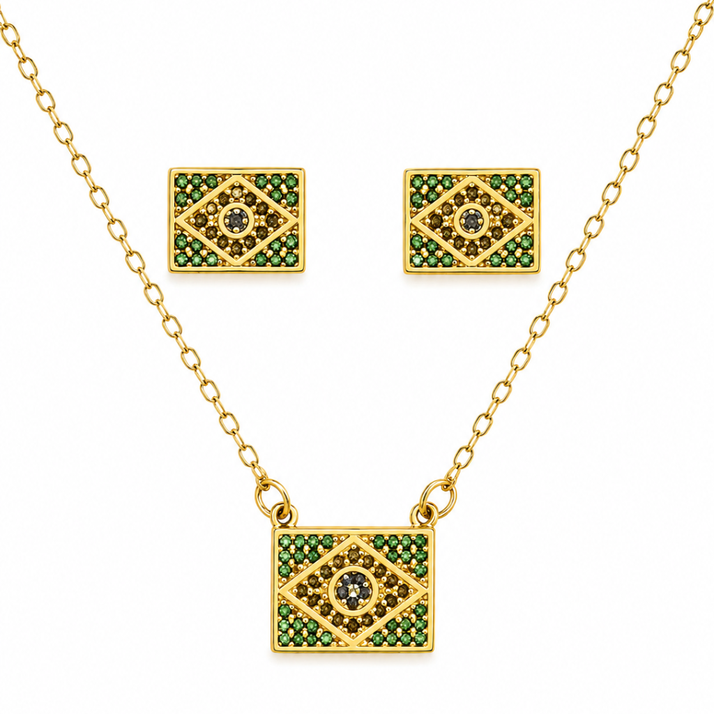 Conjunto "Brasil Glamour" - Bandeira Cravejada com Zircônias- Banhado a Ouro 18K