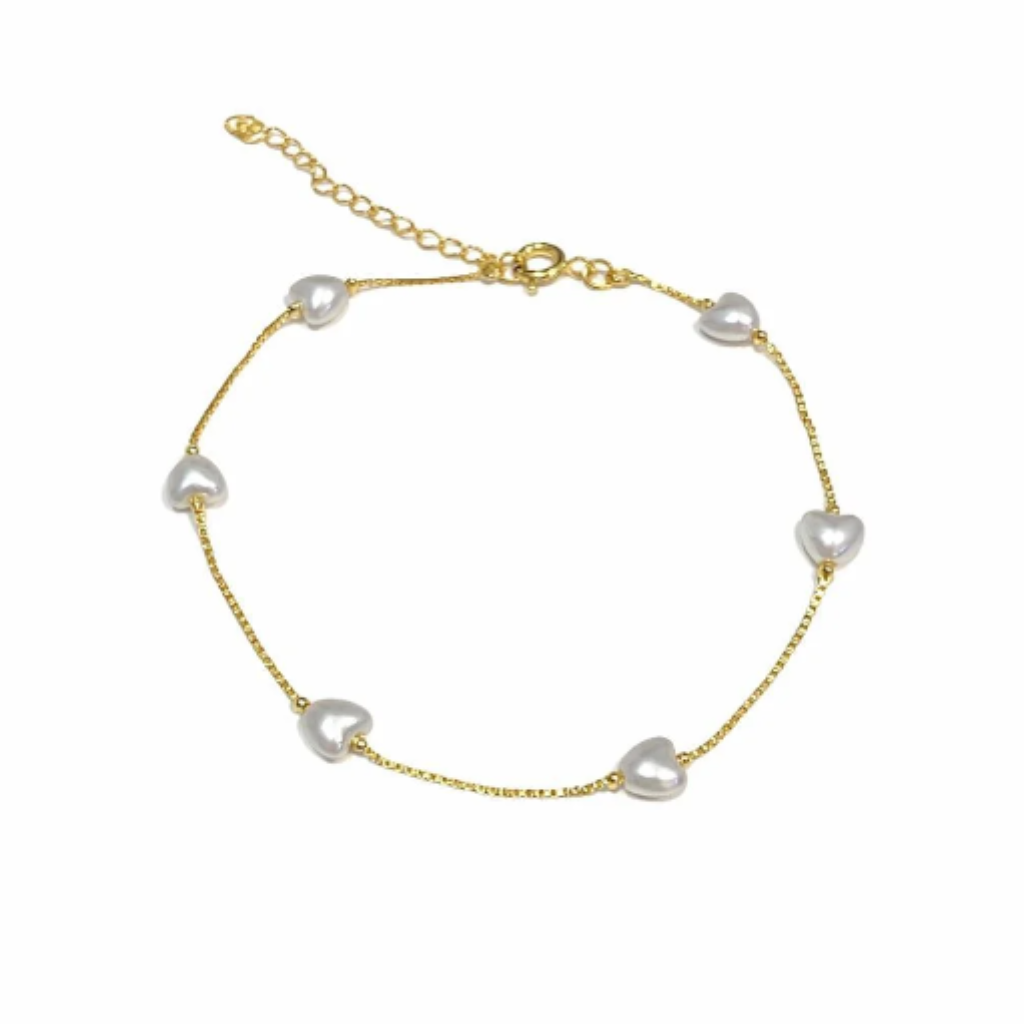 PULSEIRA VENEZIANA INTERCALADA COM 6 CORAÇÕES PÉROLA | BANHADO OURO 18K