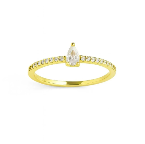 Anel Solitário "Crystal Classic"-  Pedra Prata com Aro Cravejado "- Banhado a Ouro 18k- Namoro, Noivado e Formatura